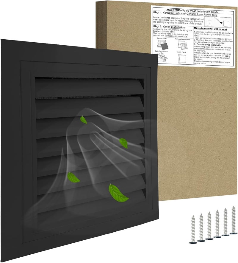 JONRIOX 16"*16" Gable Vent,Aluminum Alloy Wall Vent Shed Vents,with Removable Strainer and 180 Degree Opening Angle.Ideal for Attic,Shed,Garage,Play House,Coop.[Inside Dimensions:13.3"w X 13.3"h]-Black 1 Pack - Image 1